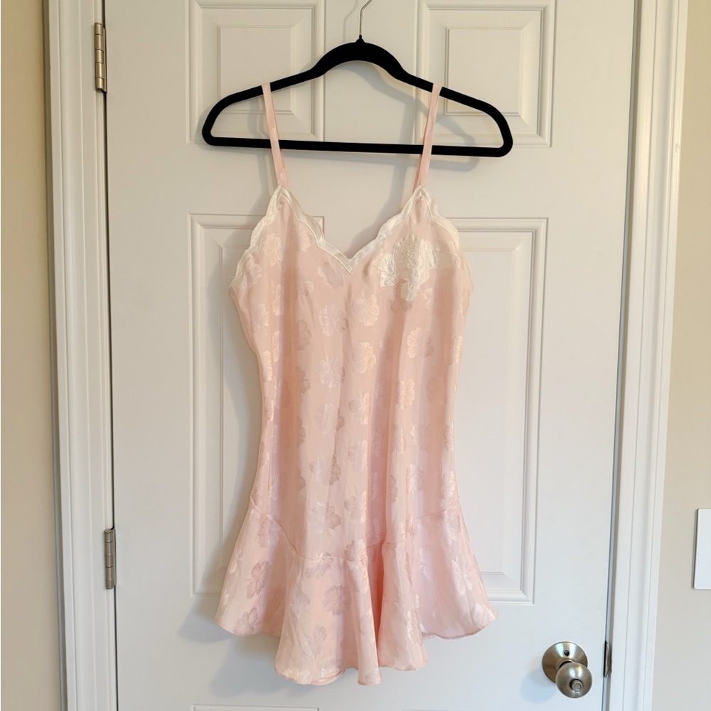 Vintage Lingerie Pink Floral Silk Slip with Pearl Flower Detailing